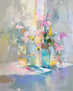 Flori roz in vaze din sticla colorata