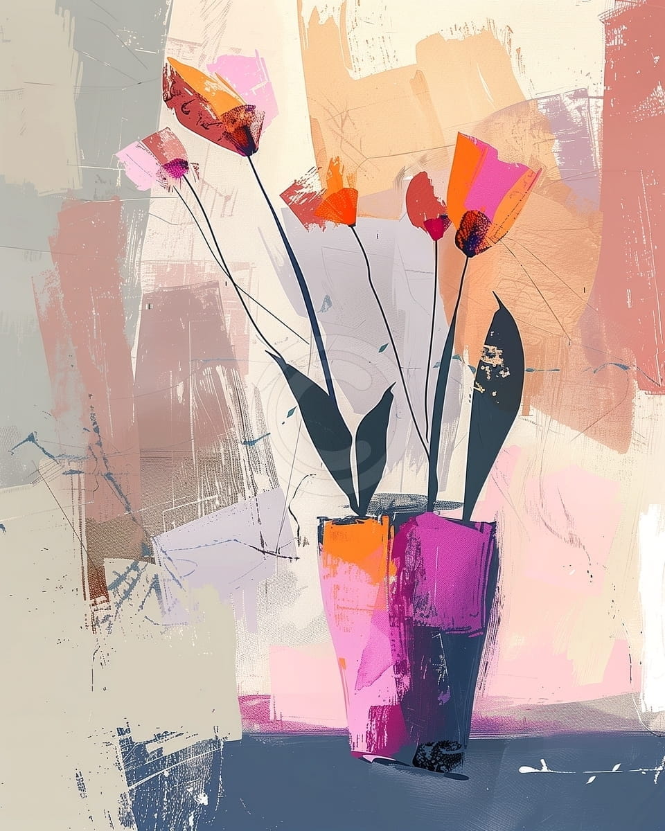 Tablou Flori stilizate in vaza roz pe fundal abstract