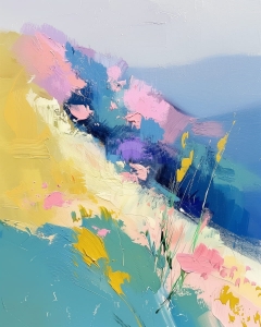 Peisaj abstract cu dealuri colorate si flori