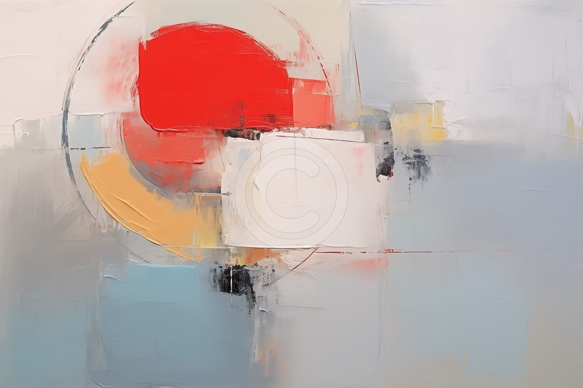 Pictura abstracta cu forme circulare si rosu dominant