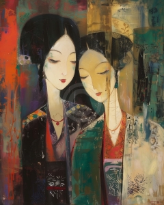 Portret dublu femei asiatice in kimono