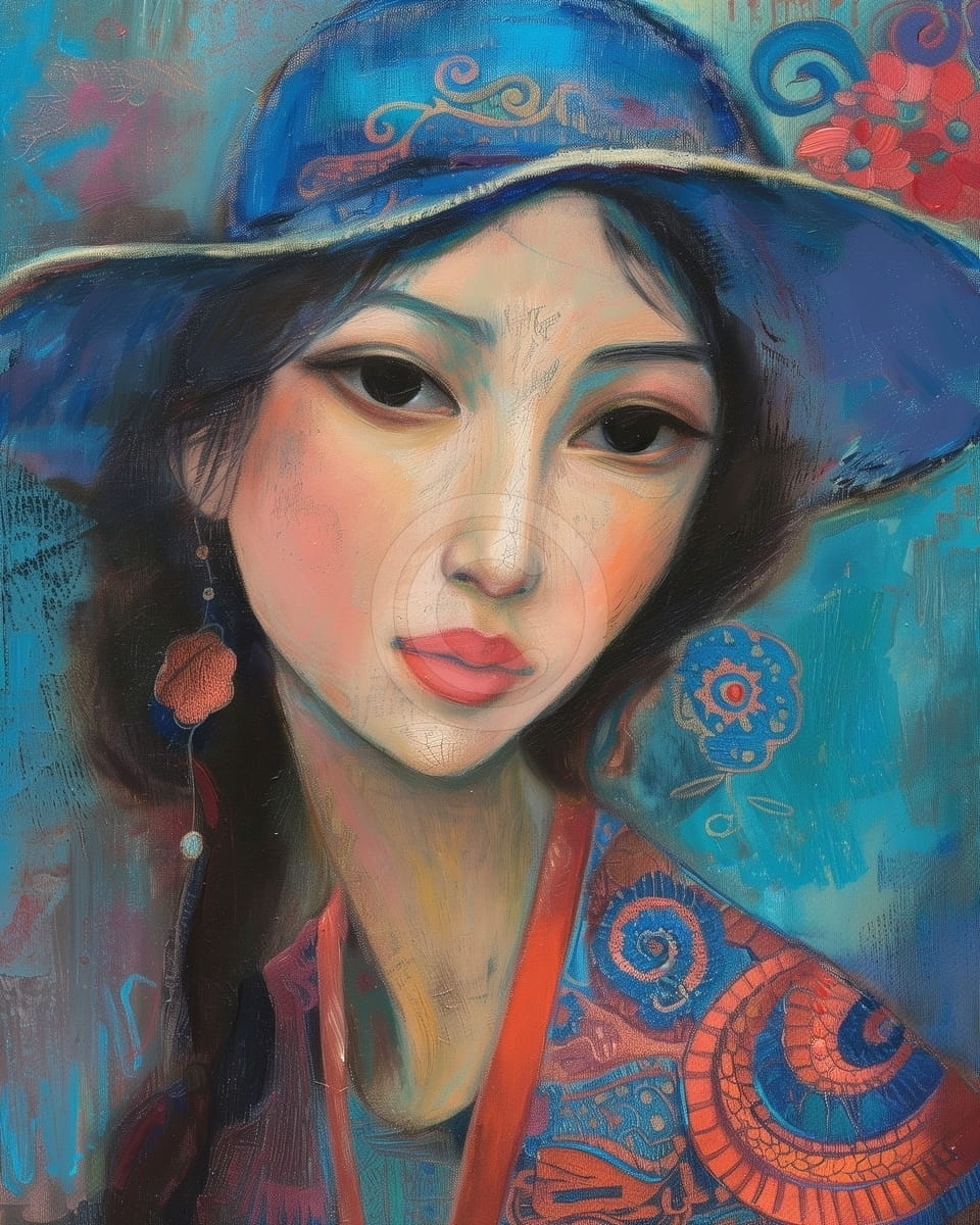Portret femeie asiatica cu palarie albastra