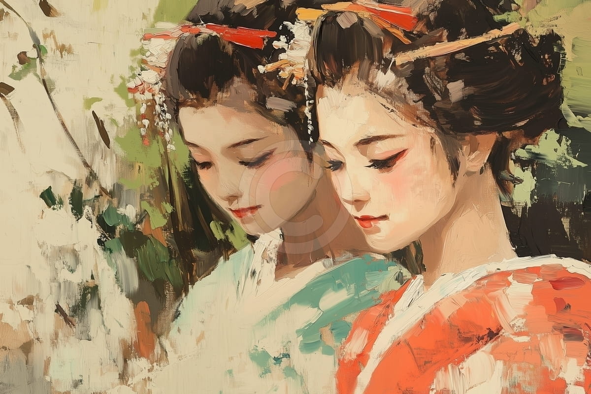 Doua femei asiatice cu kimono in natura